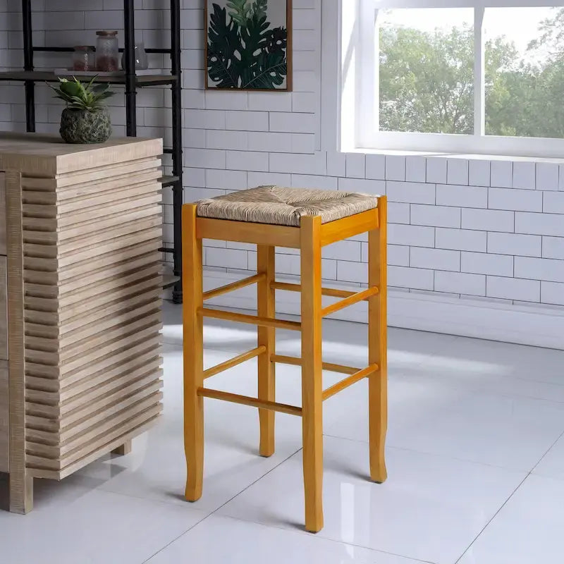 Tabouret de bar carré de 74 cm à assise en jonc tressé, cadre en bois massif avec double barre d'écartement, style rustique