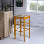 Tabouret de bar carré de 74 cm à assise en jonc tressé, cadre en bois massif avec double barre d'écartement, style rustique
