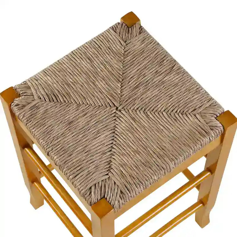Tabouret de bar carré de 74 cm à assise en jonc tressé, cadre en bois massif avec double barre d'écartement, style rustique