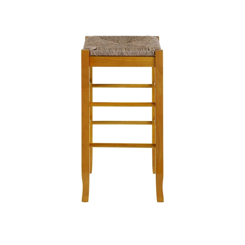 Tabouret de bar carré de 74 cm à assise en jonc tressé, cadre en bois massif avec double barre d'écartement, style rustique