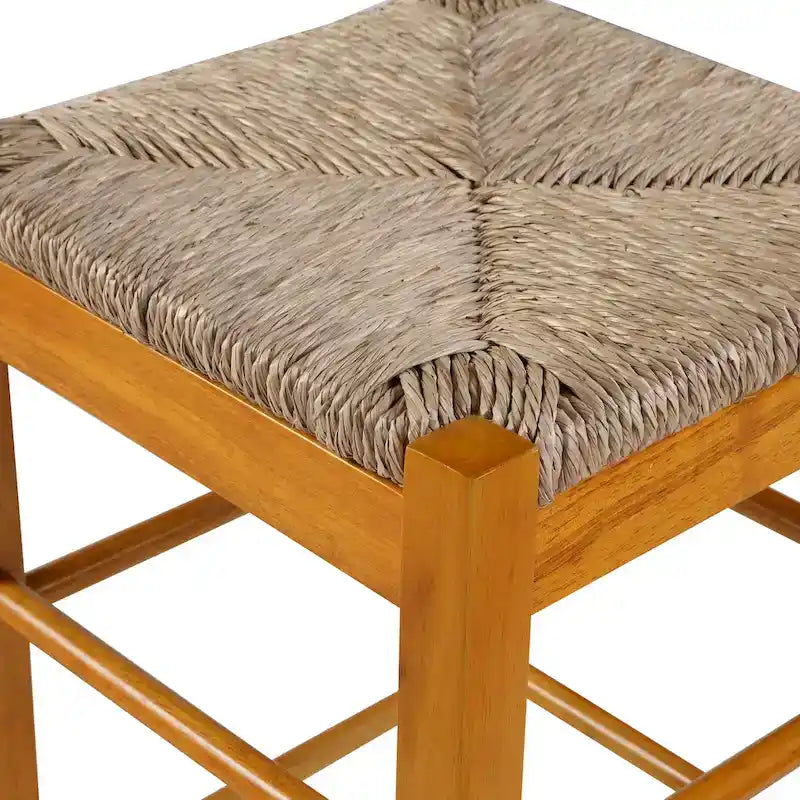 Tabouret de bar carré de 74 cm à assise en jonc tressé, cadre en bois massif avec double barre d'écartement, style rustique
