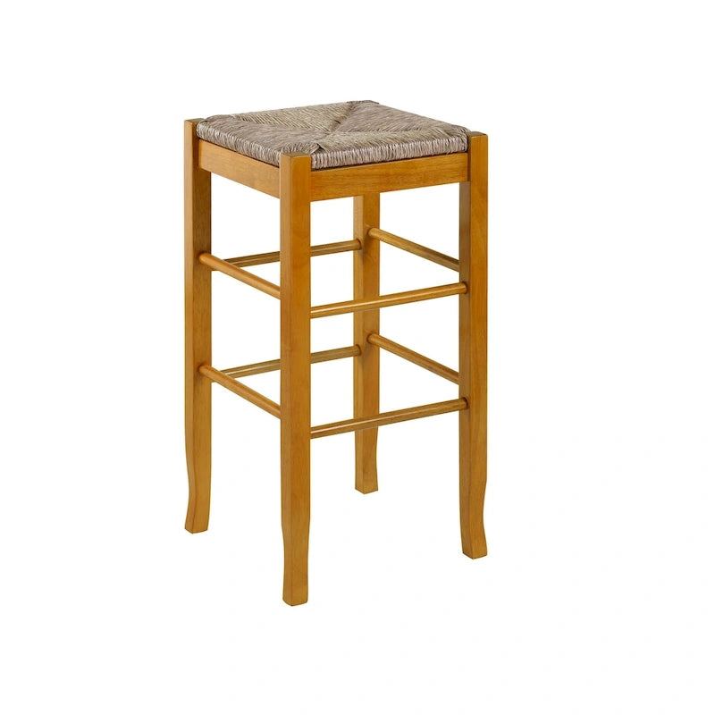 Tabouret de bar carré de 74 cm à assise en jonc tressé, cadre en bois massif avec double barre d'écartement, style rustique