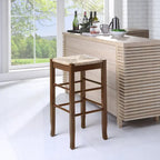 Tabouret de bar carré de 74 cm à assise en jonc tressé, cadre en bois massif avec double barre d'écartement, style rustique