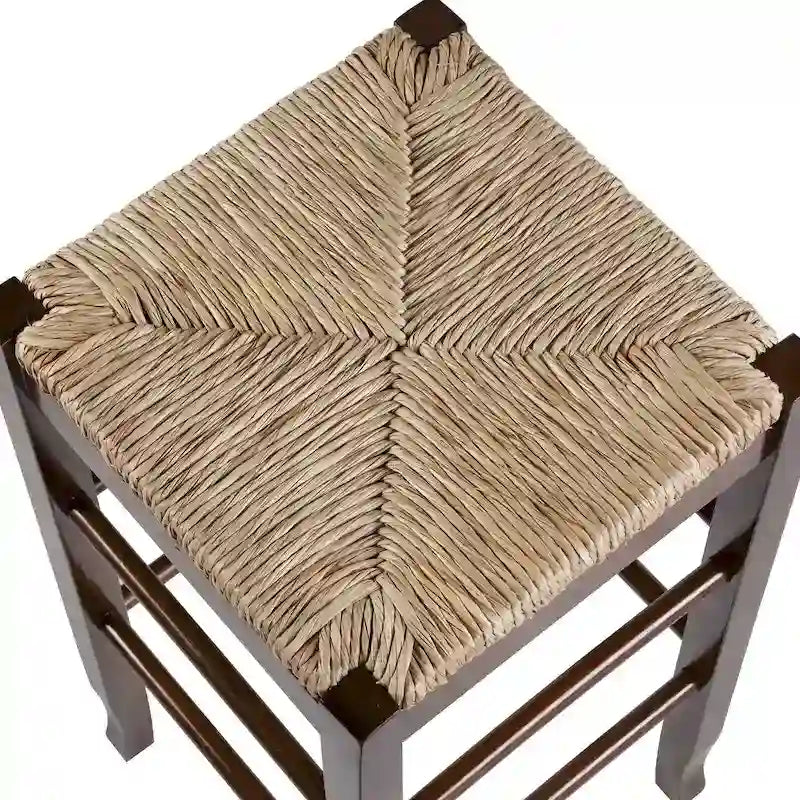 Tabouret de bar carré de 74 cm à assise en jonc tressé, cadre en bois massif avec double barre d'écartement, style rustique