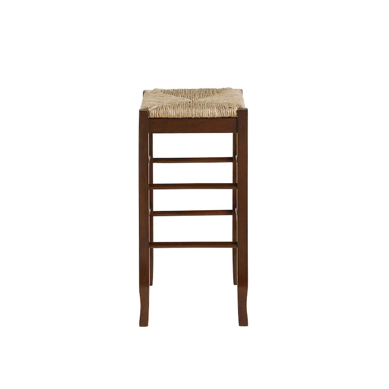 Tabouret de bar carré de 74 cm à assise en jonc tressé, cadre en bois massif avec double barre d'écartement, style rustique