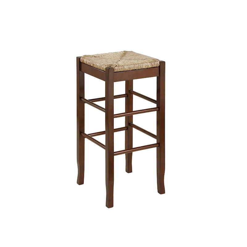 Tabouret de bar carré de 74 cm à assise en jonc tressé, cadre en bois massif avec double barre d'écartement, style rustique