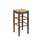 Tabouret de bar carré de 74 cm à assise en jonc tressé, cadre en bois massif avec double barre d'écartement, style rustique