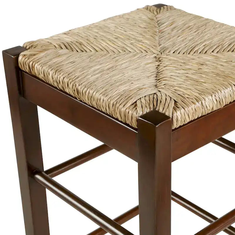 Tabouret de bar carré de 74 cm à assise en jonc tressé, cadre en bois massif avec double barre d'écartement, style rustique