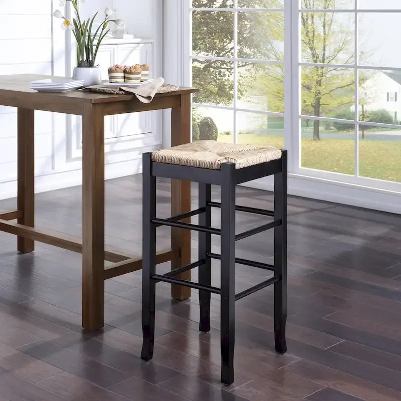 Tabouret de bar carré de 74 cm à assise en jonc tressé, cadre en bois massif avec double barre d'écartement, style rustique