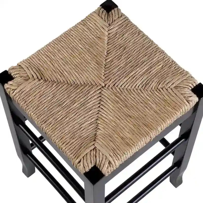 Tabouret de bar carré de 74 cm à assise en jonc tressé, cadre en bois massif avec double barre d'écartement, style rustique