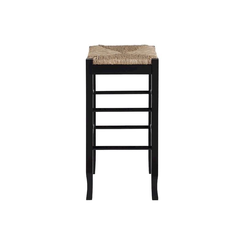 Tabouret de bar carré de 74 cm à assise en jonc tressé, cadre en bois massif avec double barre d'écartement, style rustique