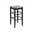 Tabouret de bar carré de 74 cm à assise en jonc tressé, cadre en bois massif avec double barre d'écartement, style rustique