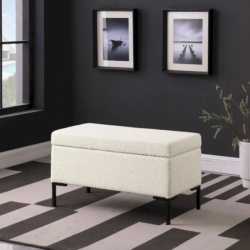Banc de rangement moderne en métal avec pieds, siège tissé gris multifonctionnel pour chambre à coucher, entrée et salon