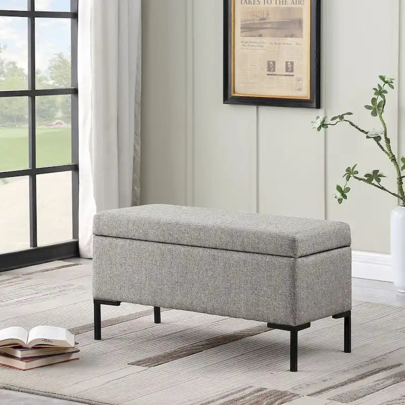 Banc de rangement moderne en métal avec pieds, siège tissé gris multifonctionnel pour chambre à coucher, entrée et salon