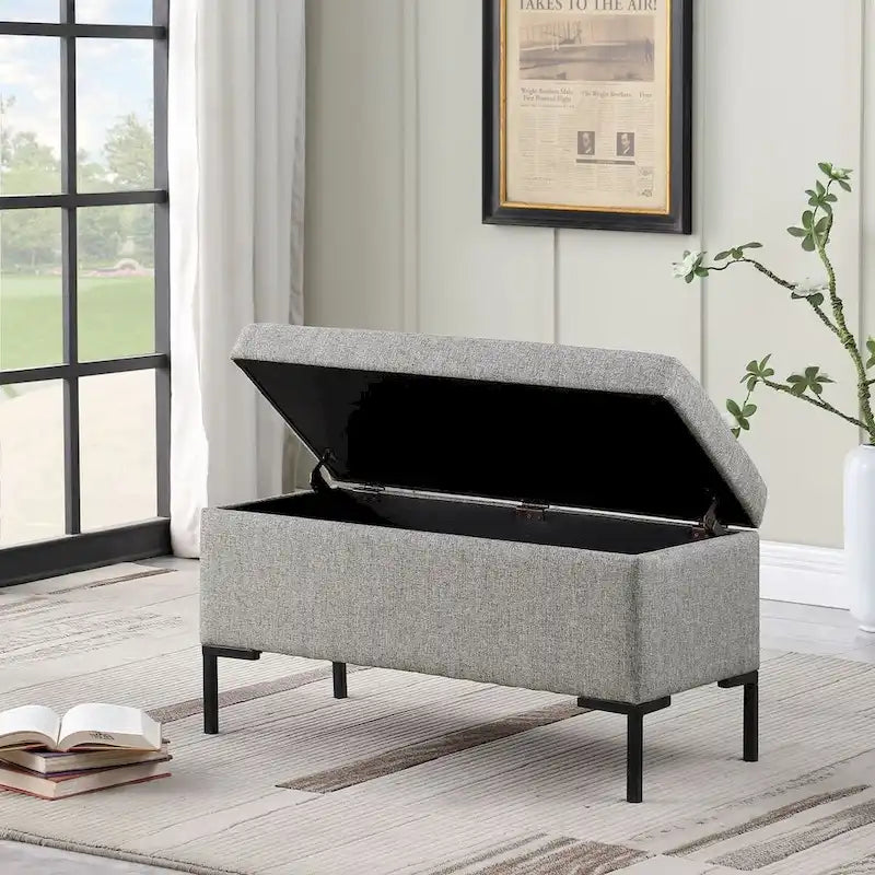 Banc de rangement moderne en métal avec pieds, siège tissé gris multifonctionnel pour chambre à coucher, entrée et salon