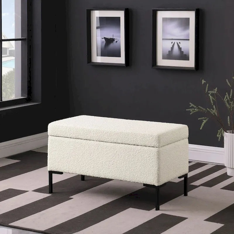 Banc de rangement moderne en métal avec pieds, siège tissé gris multifonctionnel pour chambre à coucher, entrée et salon