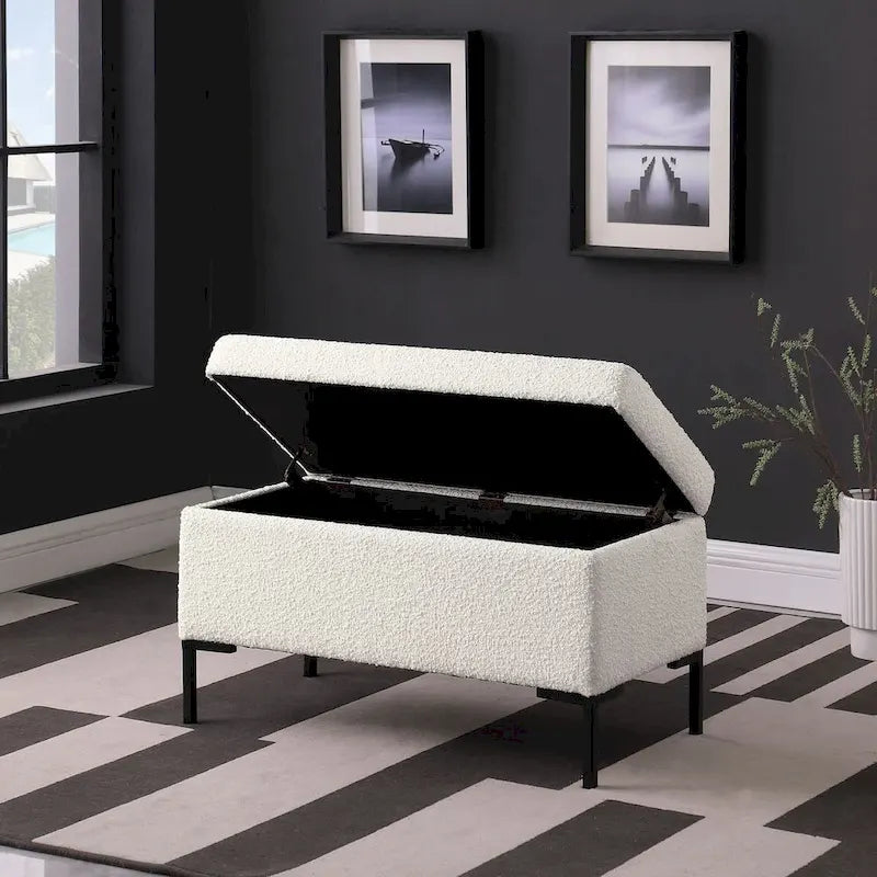 Banc de rangement moderne en métal avec pieds, siège tissé gris multifonctionnel pour chambre à coucher, entrée et salon