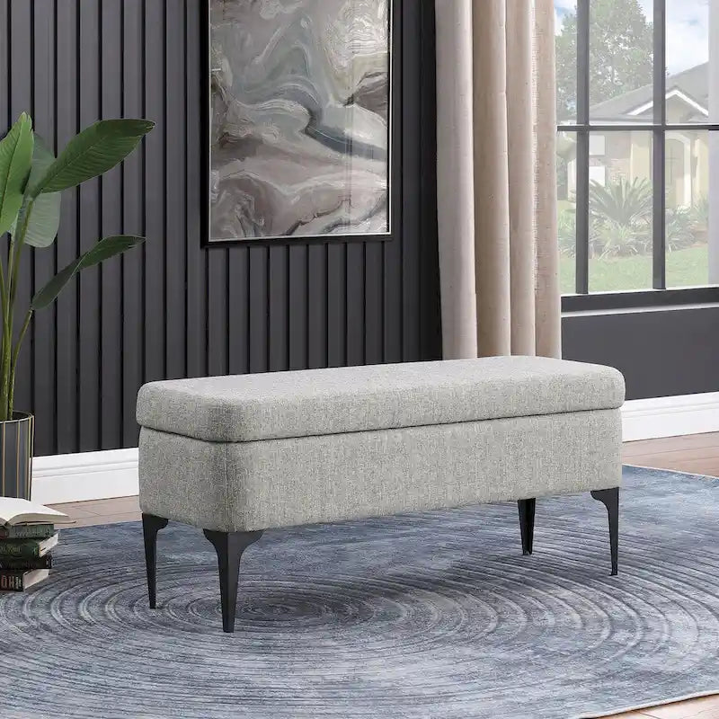 Banc de rangement moderne en métal avec pieds, siège tissé gris multifonctionnel pour chambre à coucher, entrée et salon
