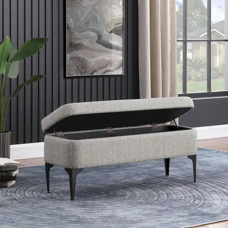 Banc de rangement moderne en métal avec pieds, siège tissé gris multifonctionnel pour chambre à coucher, entrée et salon