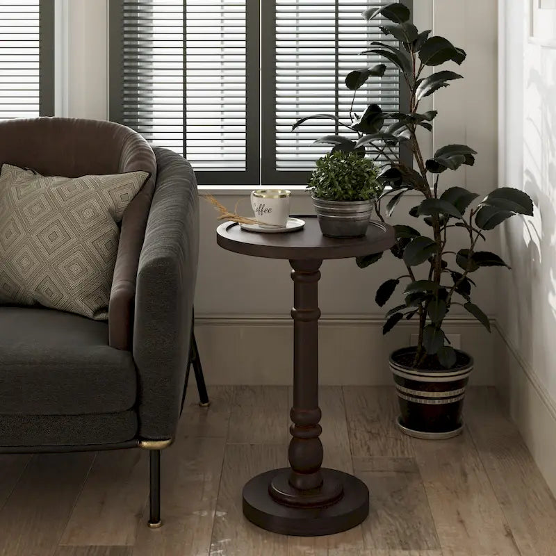 Table d'appoint avec plateau piédestal style ferme, en bois massif avec finition vieillie, petite table d'appoint traditionnelle