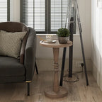 Table d'appoint avec plateau piédestal style ferme, en bois massif avec finition vieillie, petite table d'appoint traditionnelle