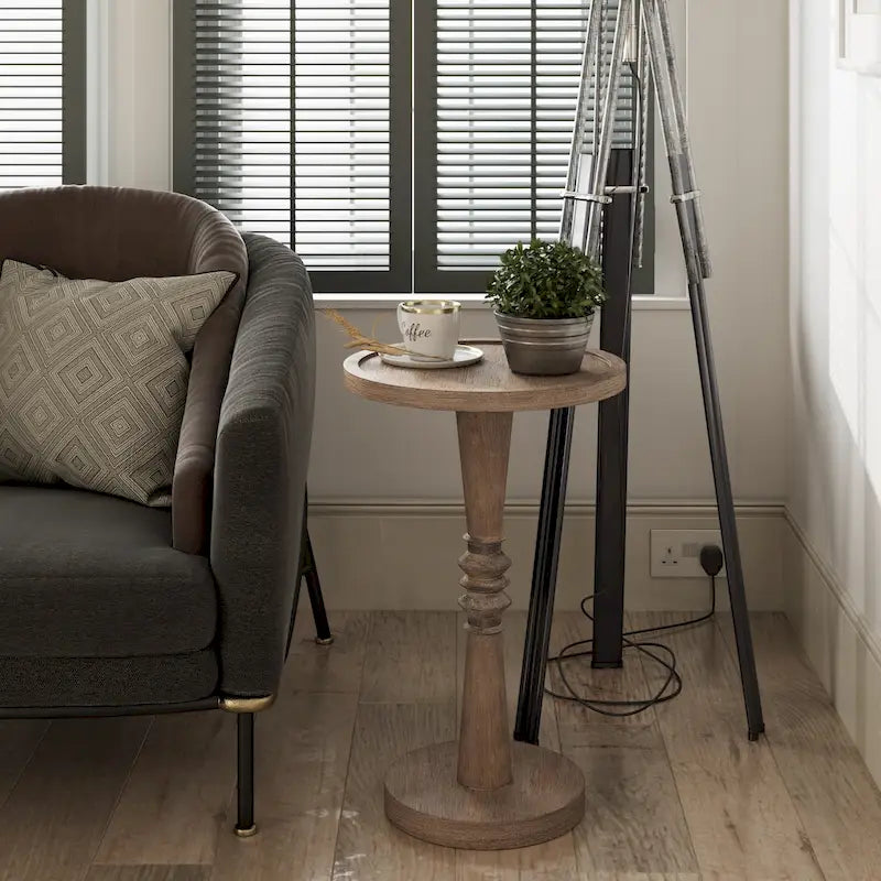 Table d'appoint avec plateau piédestal style ferme, en bois massif avec finition vieillie, petite table d'appoint traditionnelle