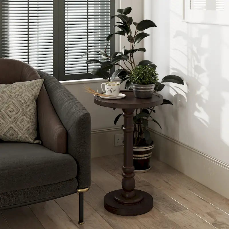 Table d'appoint avec plateau piédestal style ferme, en bois massif avec finition vieillie, petite table d'appoint traditionnelle