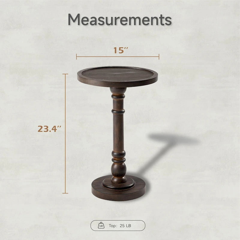 Table d'appoint avec plateau piédestal style ferme, en bois massif avec finition vieillie, petite table d'appoint traditionnelle