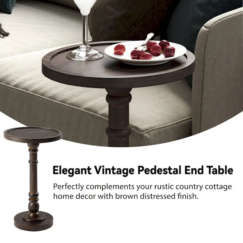 Table d'appoint avec plateau piédestal style ferme, en bois massif avec finition vieillie, petite table d'appoint traditionnelle