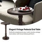 Table d'appoint avec plateau piédestal style ferme, en bois massif avec finition vieillie, petite table d'appoint traditionnelle