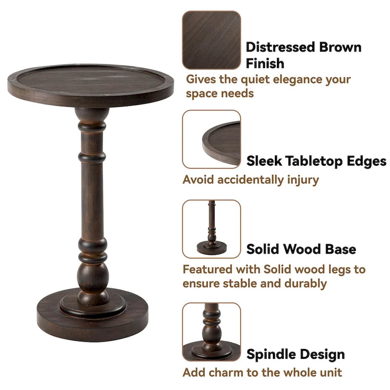 Table d'appoint avec plateau piédestal style ferme, en bois massif avec finition vieillie, petite table d'appoint traditionnelle
