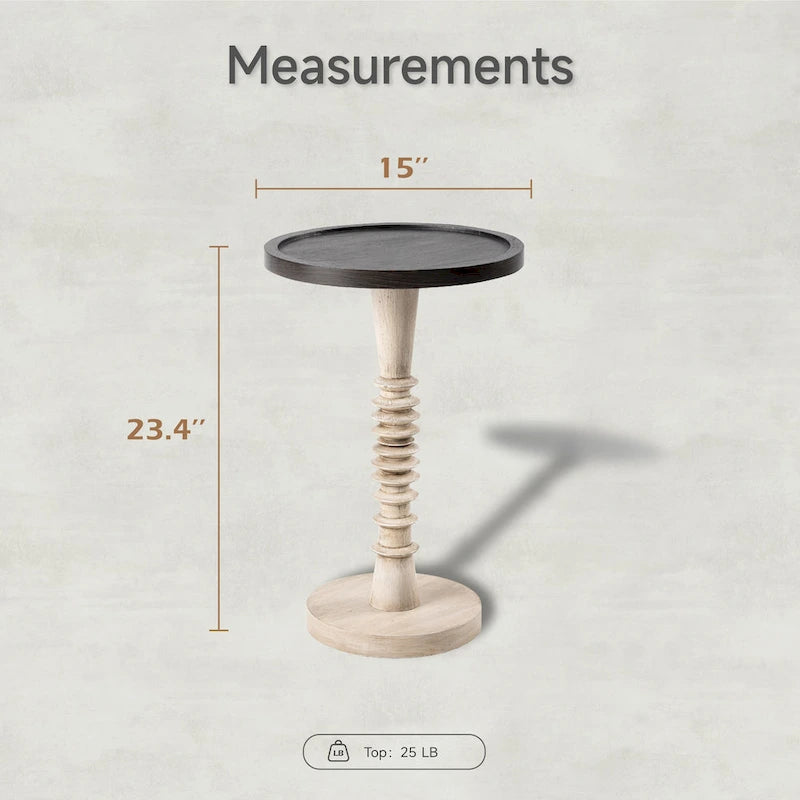 Table d'appoint avec plateau piédestal style ferme, en bois massif avec finition vieillie, petite table d'appoint traditionnelle