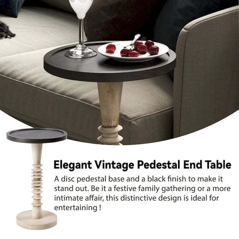 Table d'appoint avec plateau piédestal style ferme, en bois massif avec finition vieillie, petite table d'appoint traditionnelle