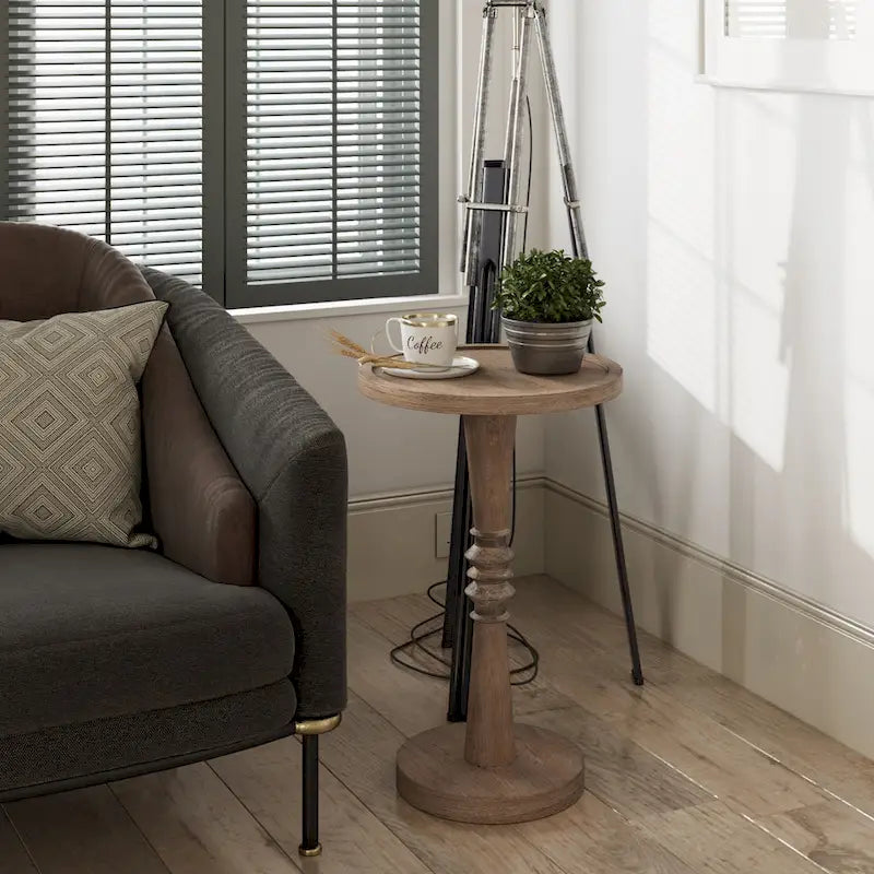 Table d'appoint avec plateau piédestal style ferme, en bois massif avec finition vieillie, petite table d'appoint traditionnelle