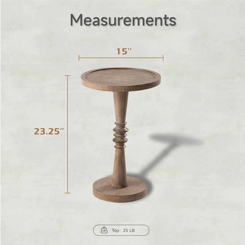 Table d'appoint avec plateau piédestal style ferme, en bois massif avec finition vieillie, petite table d'appoint traditionnelle