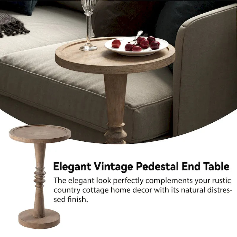 Table d'appoint avec plateau piédestal style ferme, en bois massif avec finition vieillie, petite table d'appoint traditionnelle
