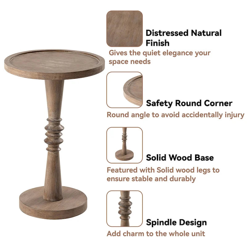 Table d'appoint avec plateau piédestal style ferme, en bois massif avec finition vieillie, petite table d'appoint traditionnelle