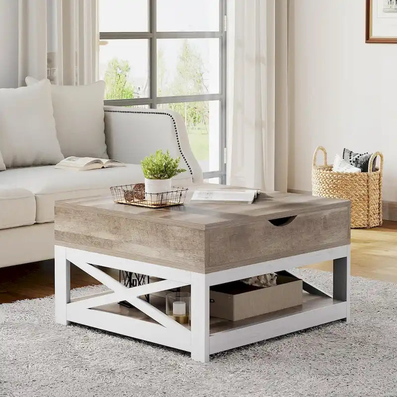 Table basse carrée à plateau relevable Moasis Farmhouse avec rangement et étagère