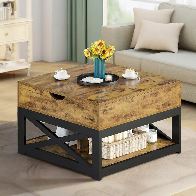 Table basse carrée à plateau relevable Moasis Farmhouse avec rangement et étagère