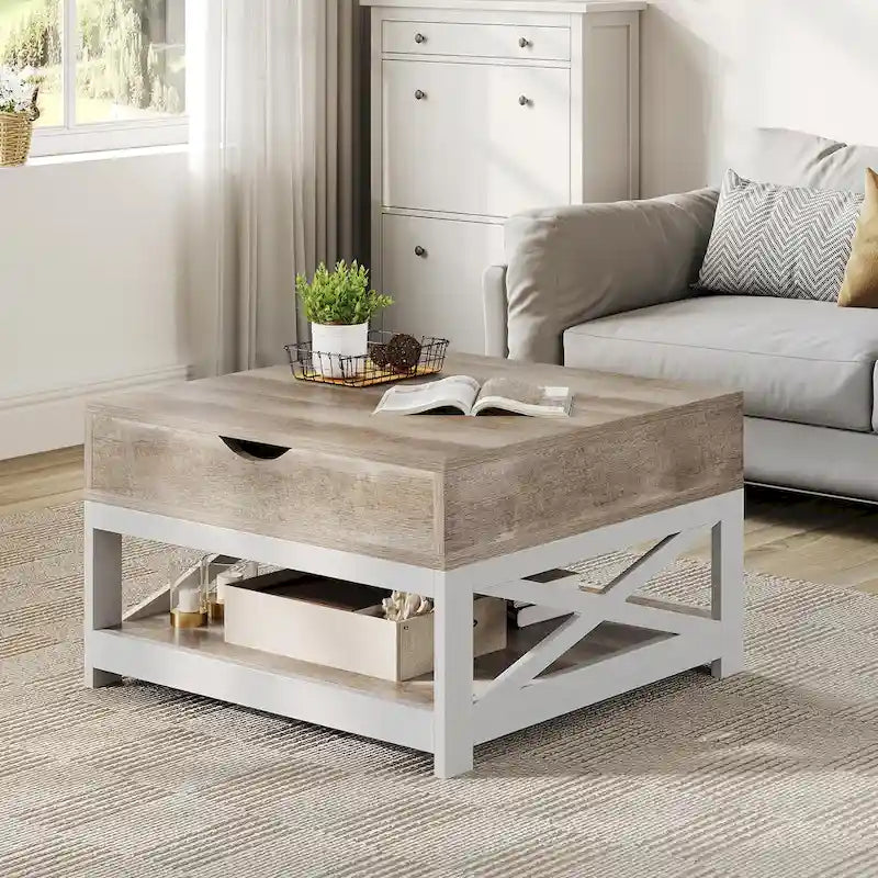 Table basse carrée à plateau relevable Moasis Farmhouse avec rangement et étagère