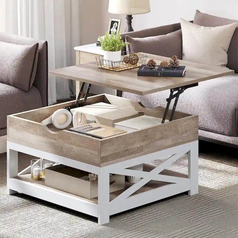 Table basse carrée à plateau relevable Moasis Farmhouse avec rangement et étagère