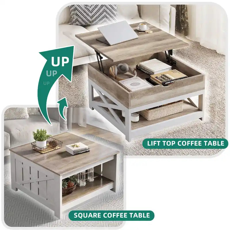 Table basse carrée à plateau relevable Moasis Farmhouse avec rangement et étagère