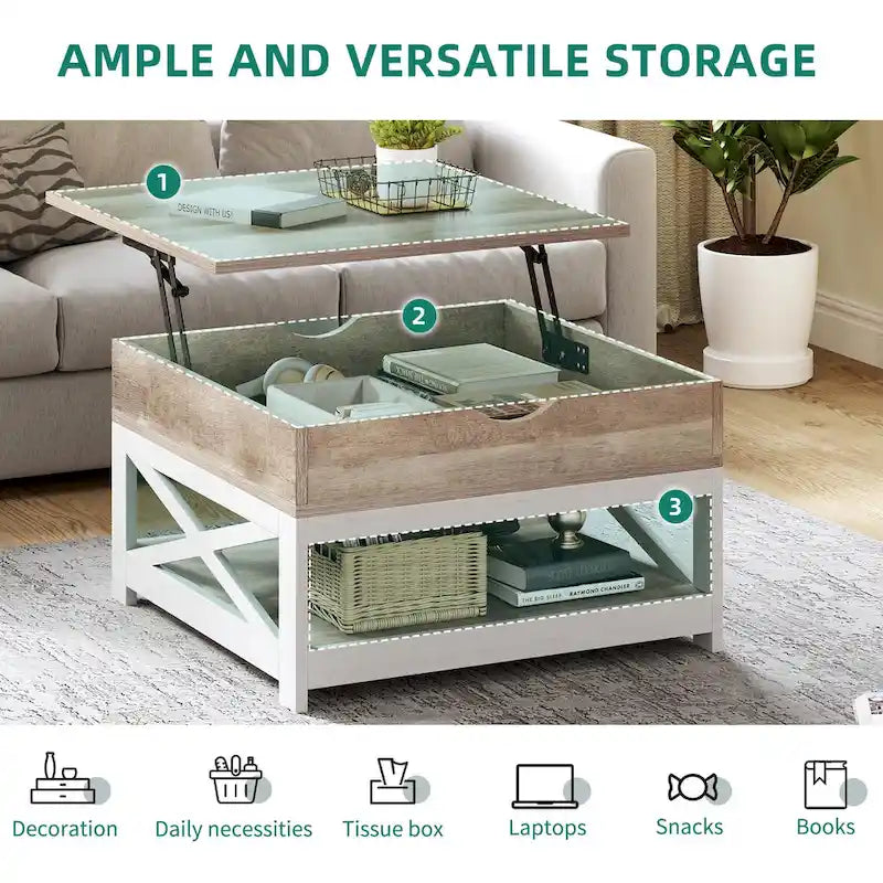 Table basse carrée à plateau relevable Moasis Farmhouse avec rangement et étagère