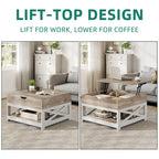 Table basse carrée à plateau relevable Moasis Farmhouse avec rangement et étagère