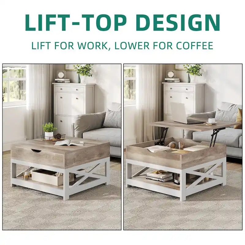 Table basse carrée à plateau relevable Moasis Farmhouse avec rangement et étagère