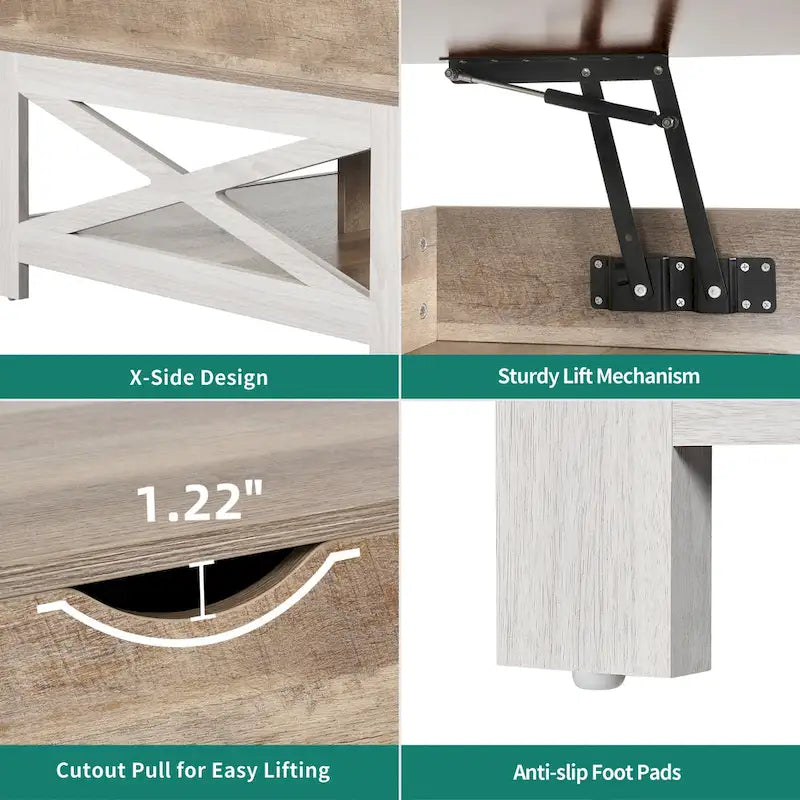 Table basse carrée à plateau relevable Moasis Farmhouse avec rangement et étagère