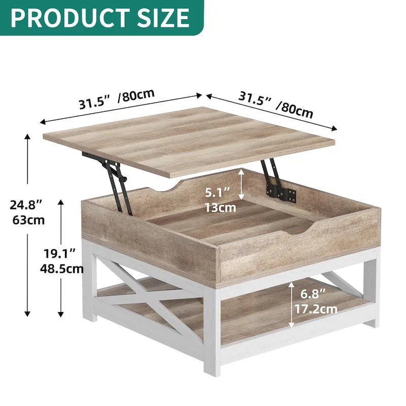 Table basse carrée à plateau relevable Moasis Farmhouse avec rangement et étagère