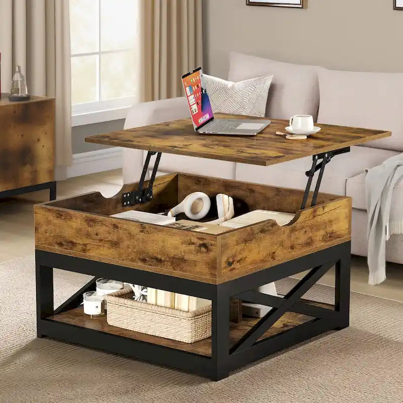 Table basse carrée à plateau relevable Moasis Farmhouse avec rangement et étagère