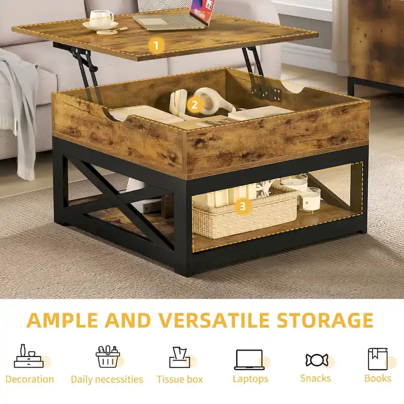 Table basse carrée à plateau relevable Moasis Farmhouse avec rangement et étagère