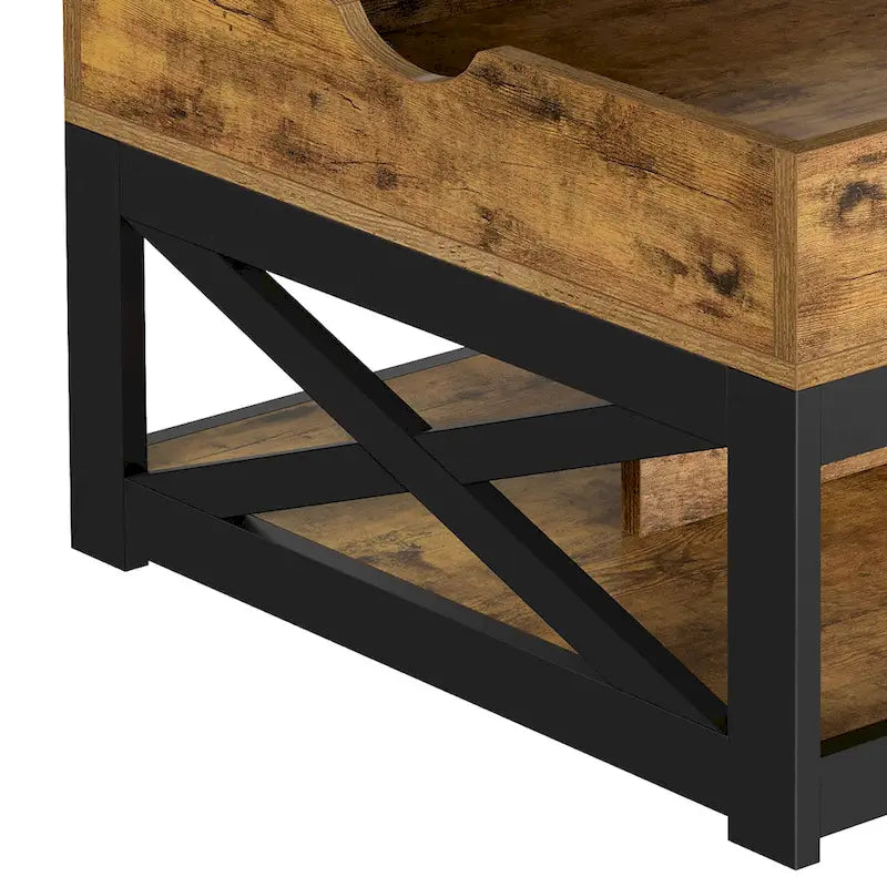 Table basse carrée à plateau relevable Moasis Farmhouse avec rangement et étagère